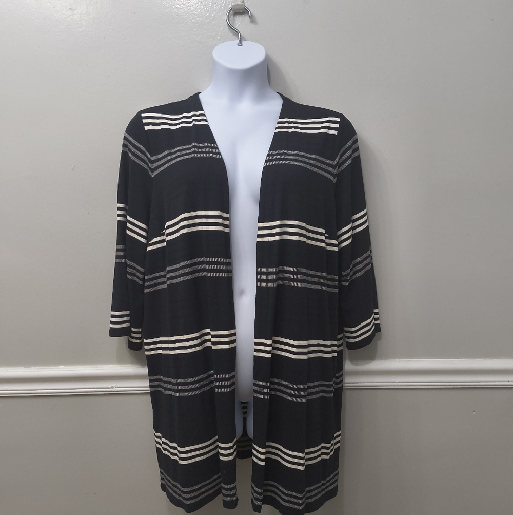 J.Jill Open Front Striped Cardigan Sweater 2X Black White Wearever Collection
